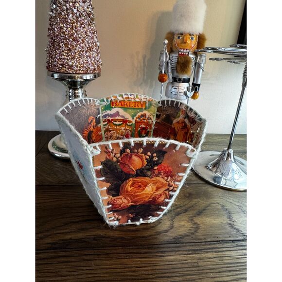 none Other - Vintage handmade crochet Christmas card basket, card bowl